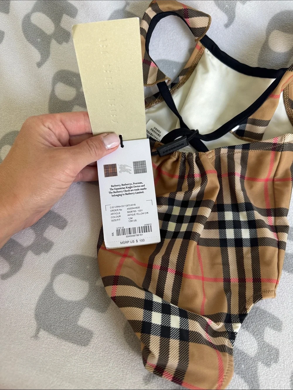 Burberry Tan Nova Check Infant One-Piece Swimsuit with Black Trim